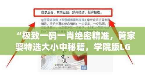 “极致一码一肖绝密精准，管家婆特选大小中秘籍，学院版LGS124.66全新解读”